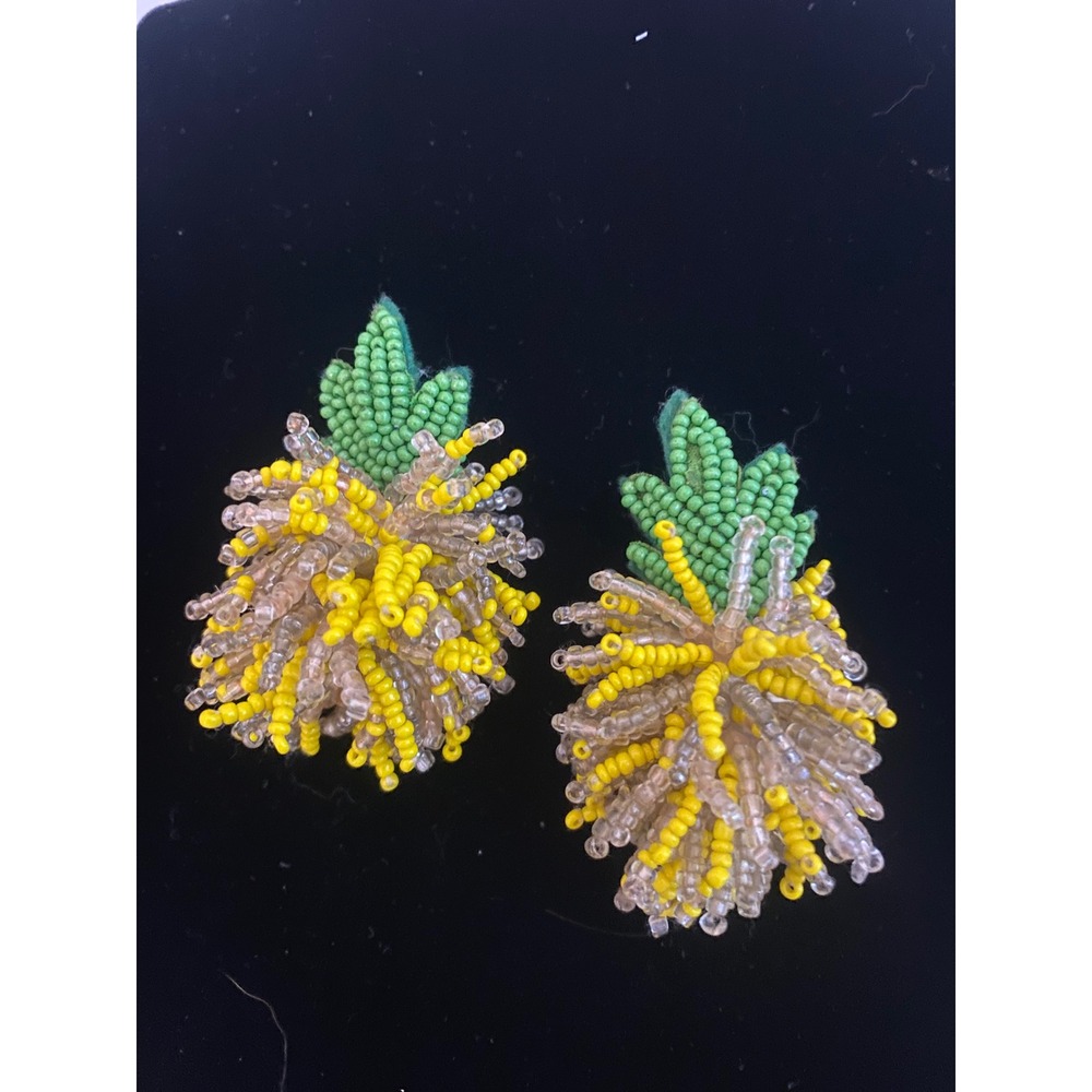Yellow Beaded Pineapple Stud Earrings Tropical Summer Fruit Jewelry Green Leaves